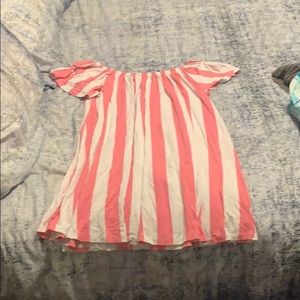 Pink and white stripe off the shoulder dress